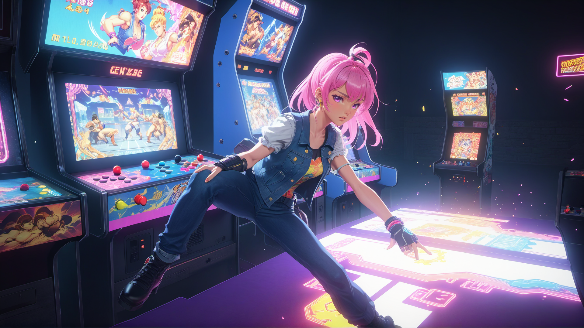 AI generated wallpaper featuring anime girl, arcade, game machine