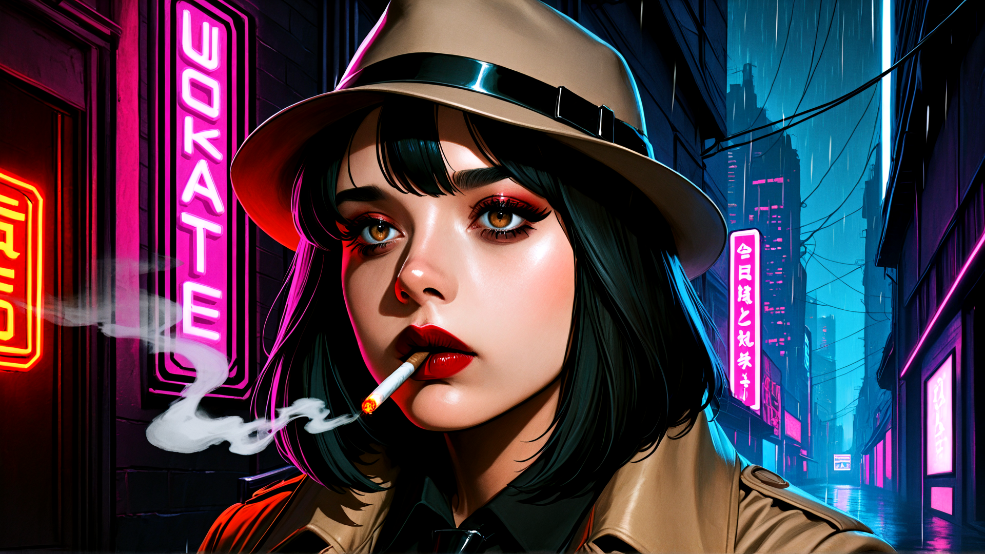 AI generated wallpaper featuring woman, hat, cigarette, neon sign, city street