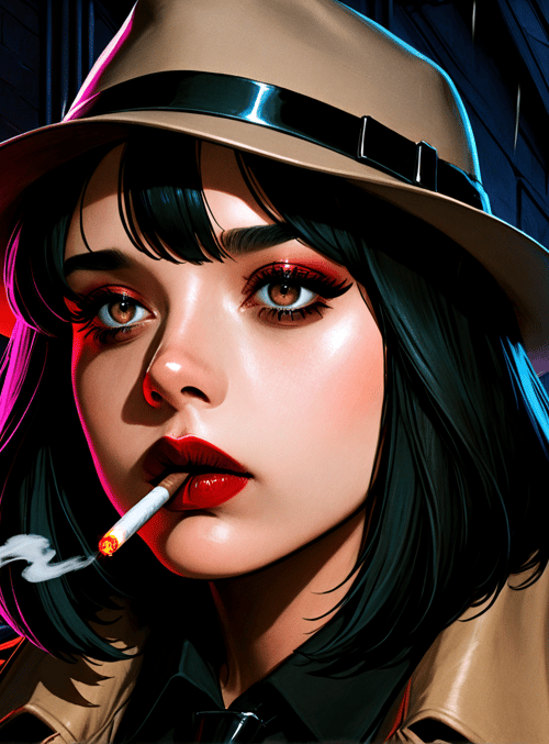 woman, hat, cigarette, neon sign, city street