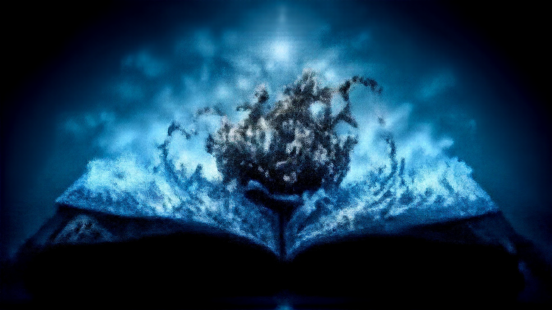 AI generated wallpaper featuring book, spider, ink, cloud, fog