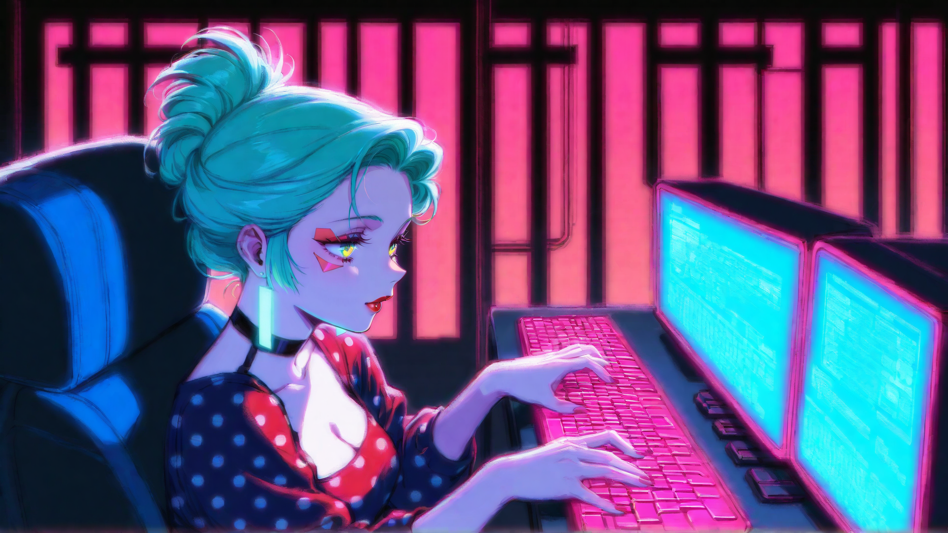AI generated wallpaper featuring woman, computer, keyboard