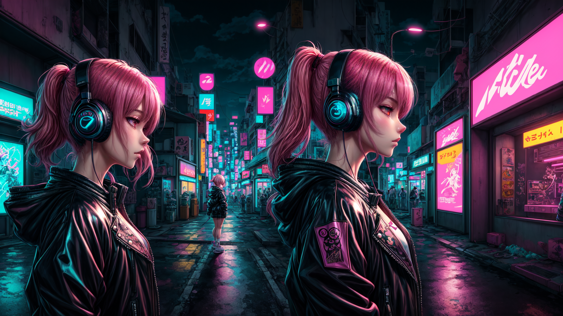 AI generated wallpaper featuring girl, cyberpunk, street