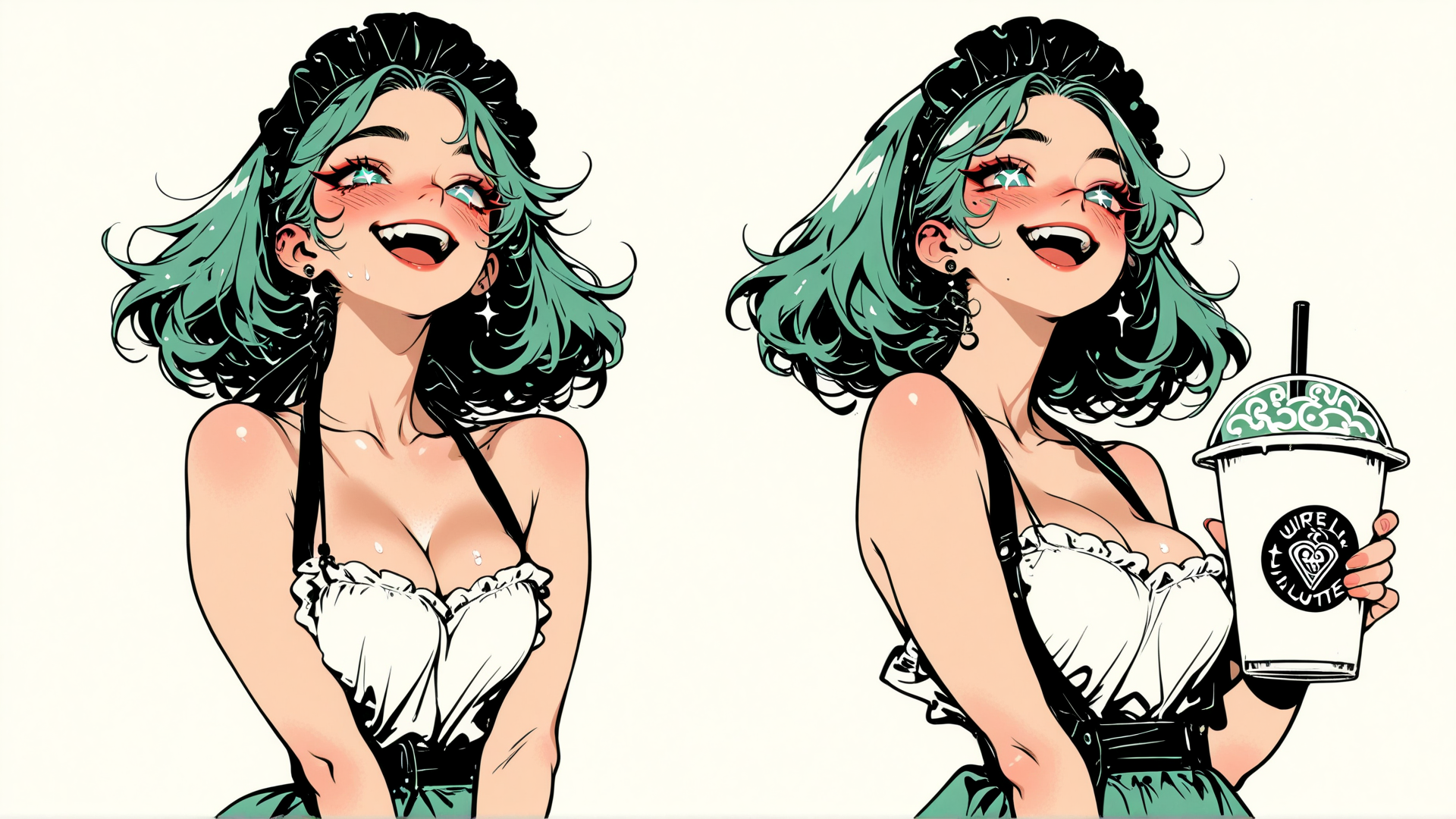 AI generated wallpaper featuring woman, green hair, cup, dress, earrings, bikini top, hair accessory