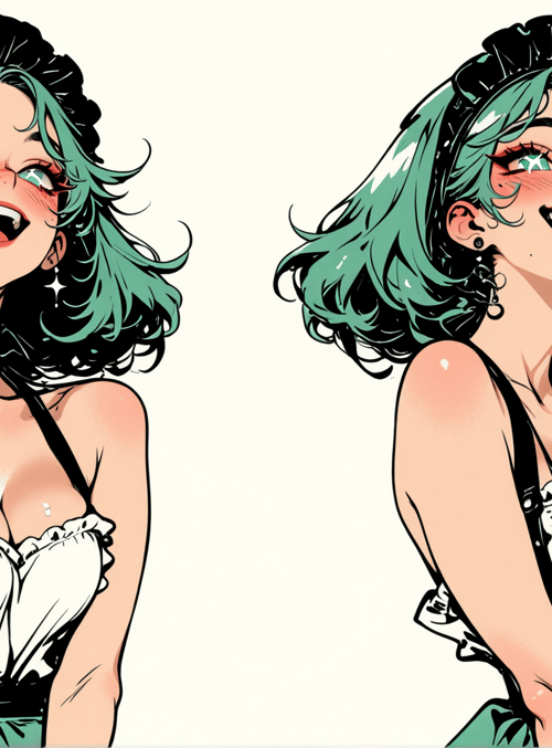 woman, green hair, cup, dress, earrings, bikini top, hair accessory