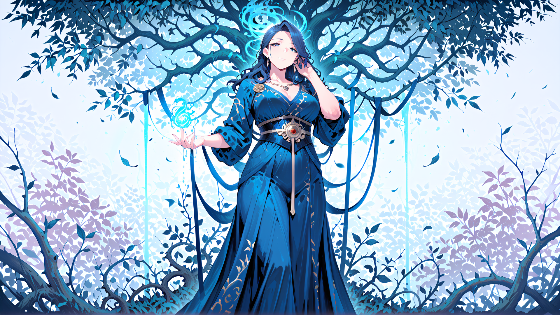 AI generated wallpaper featuring woman, tree, magic, dress, leaves
