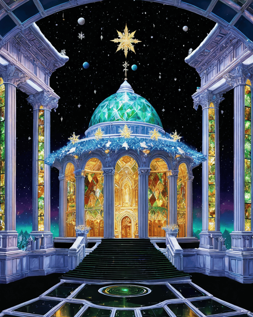 AI generated wallpaper featuring temple, dome, staircase, columns, stained glass, stars, snowflakes, crystals, arches, cathedral
