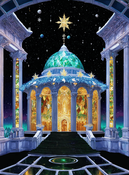 temple, dome, staircase, columns, stained glass, stars, snowflakes, crystals, arches, cathedral