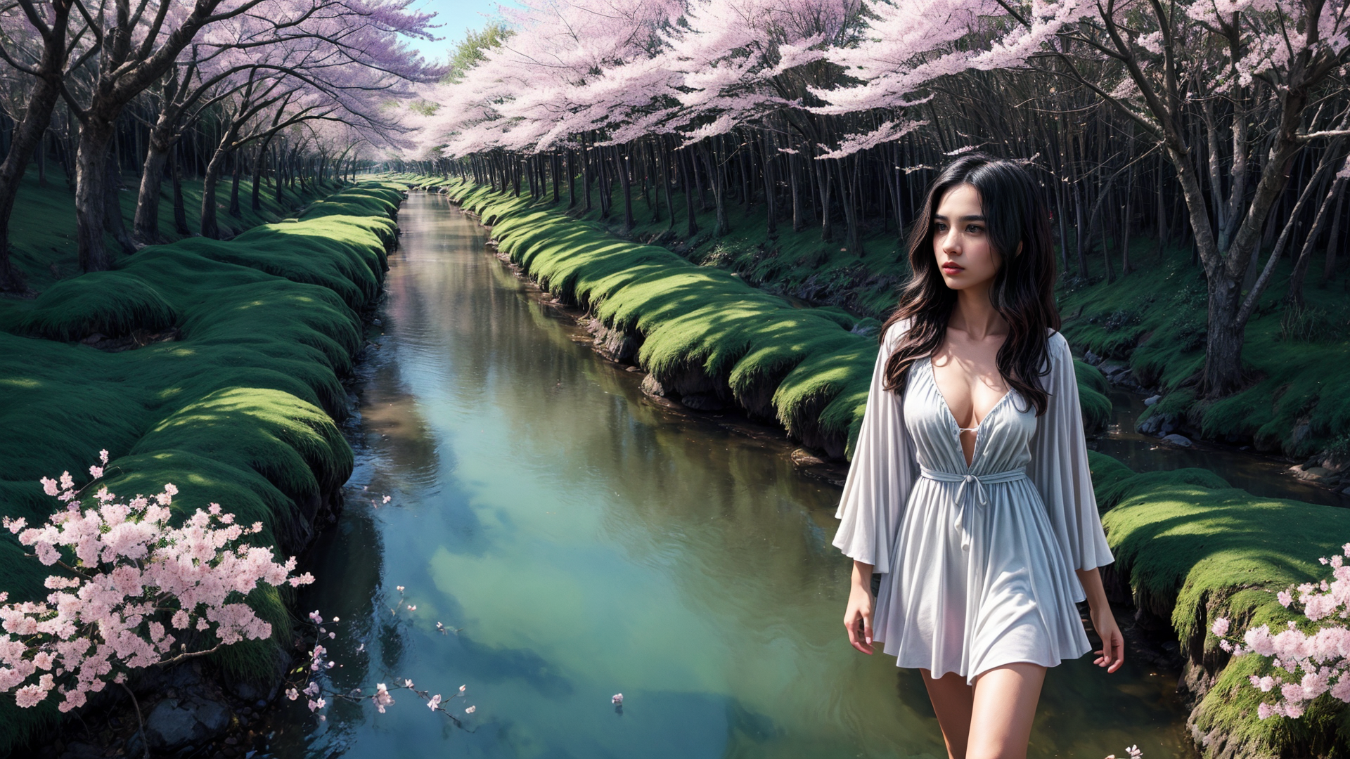 AI generated wallpaper featuring woman, cherry blossoms, river