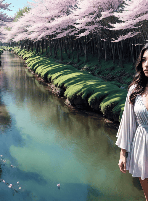woman, cherry blossoms, river