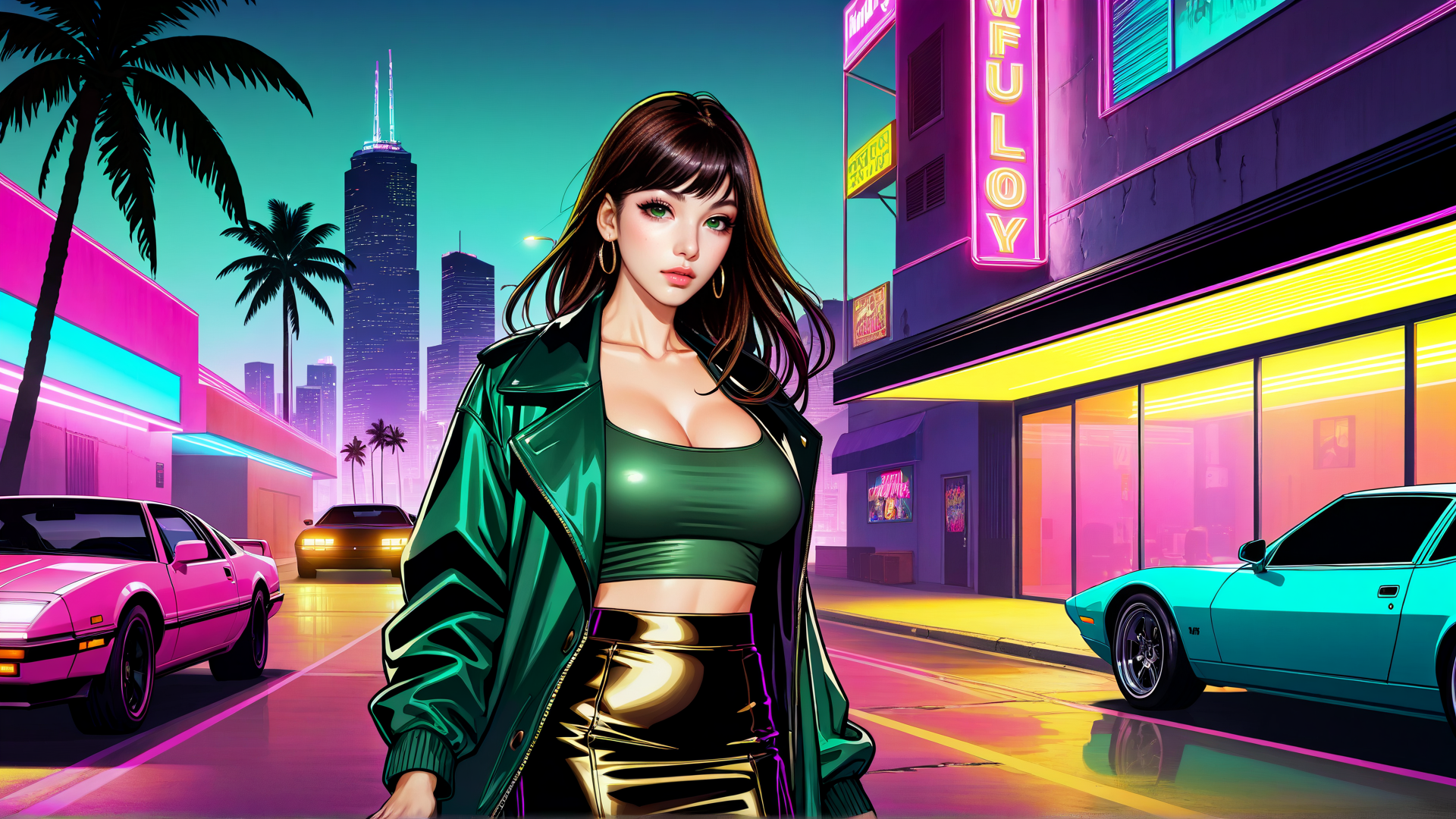 AI generated wallpaper featuring woman, cars, neon, palm trees, city