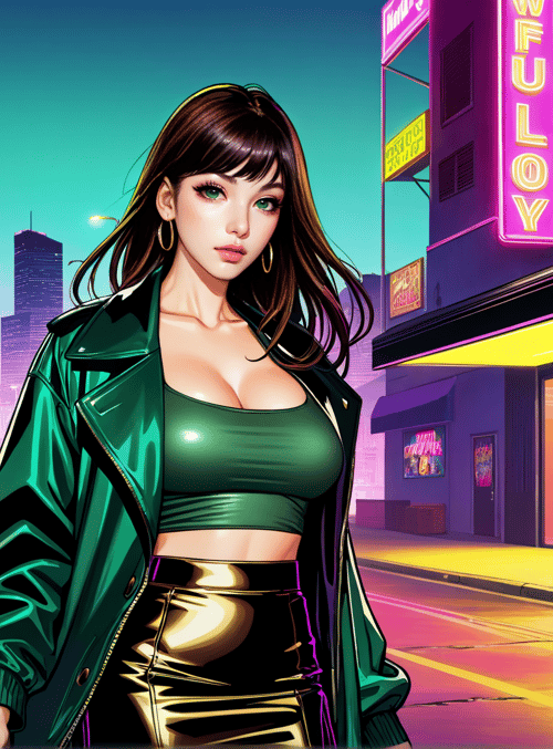 woman, cars, neon, palm trees, city