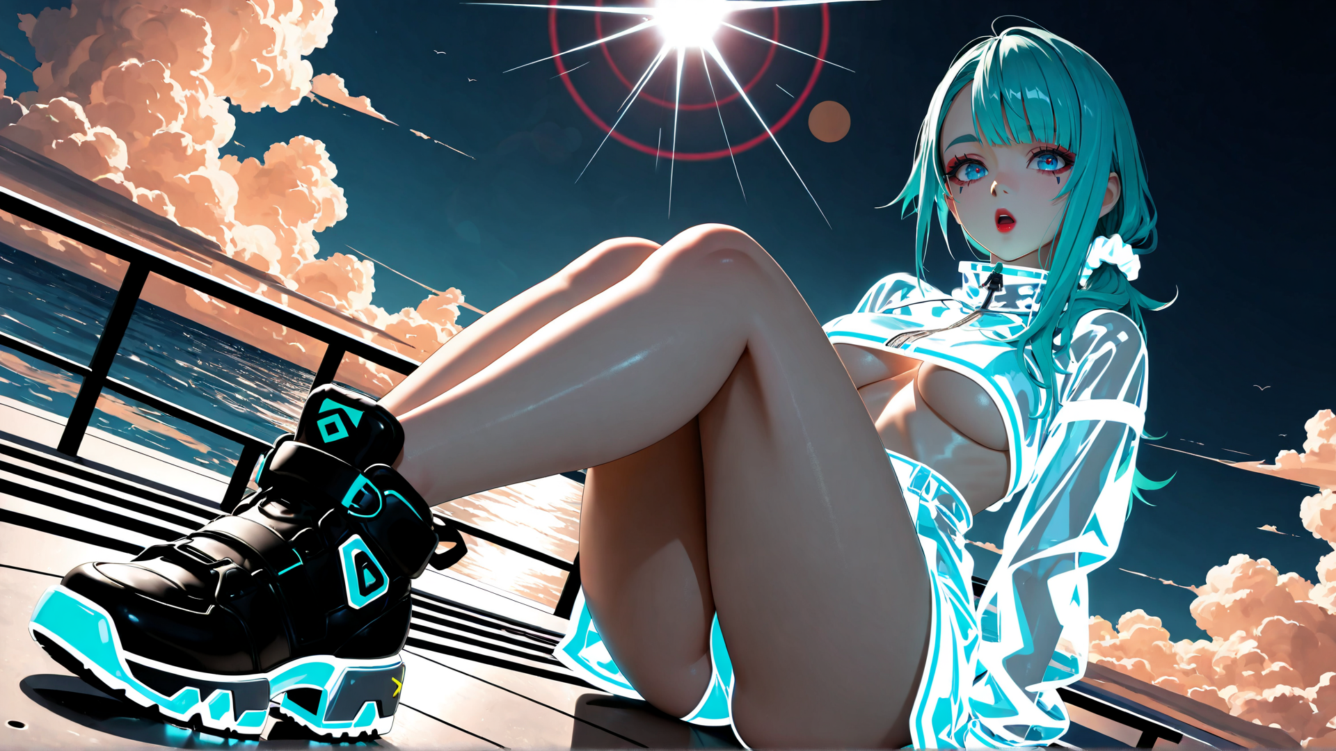 AI generated wallpaper featuring girl, shoes, clouds, sun, ocean, fence