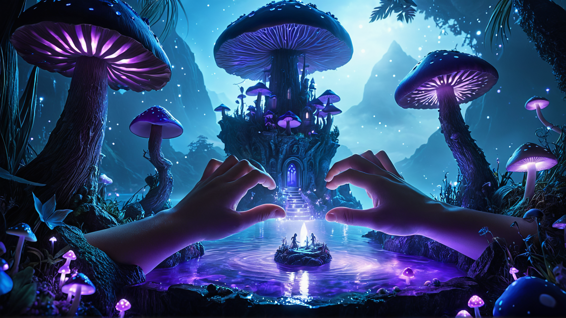AI generated wallpaper featuring mushrooms, hands, castle, water, mountains, plants