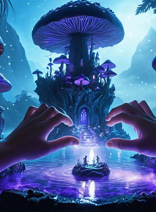 mushrooms, hands, castle, water, mountains, plants