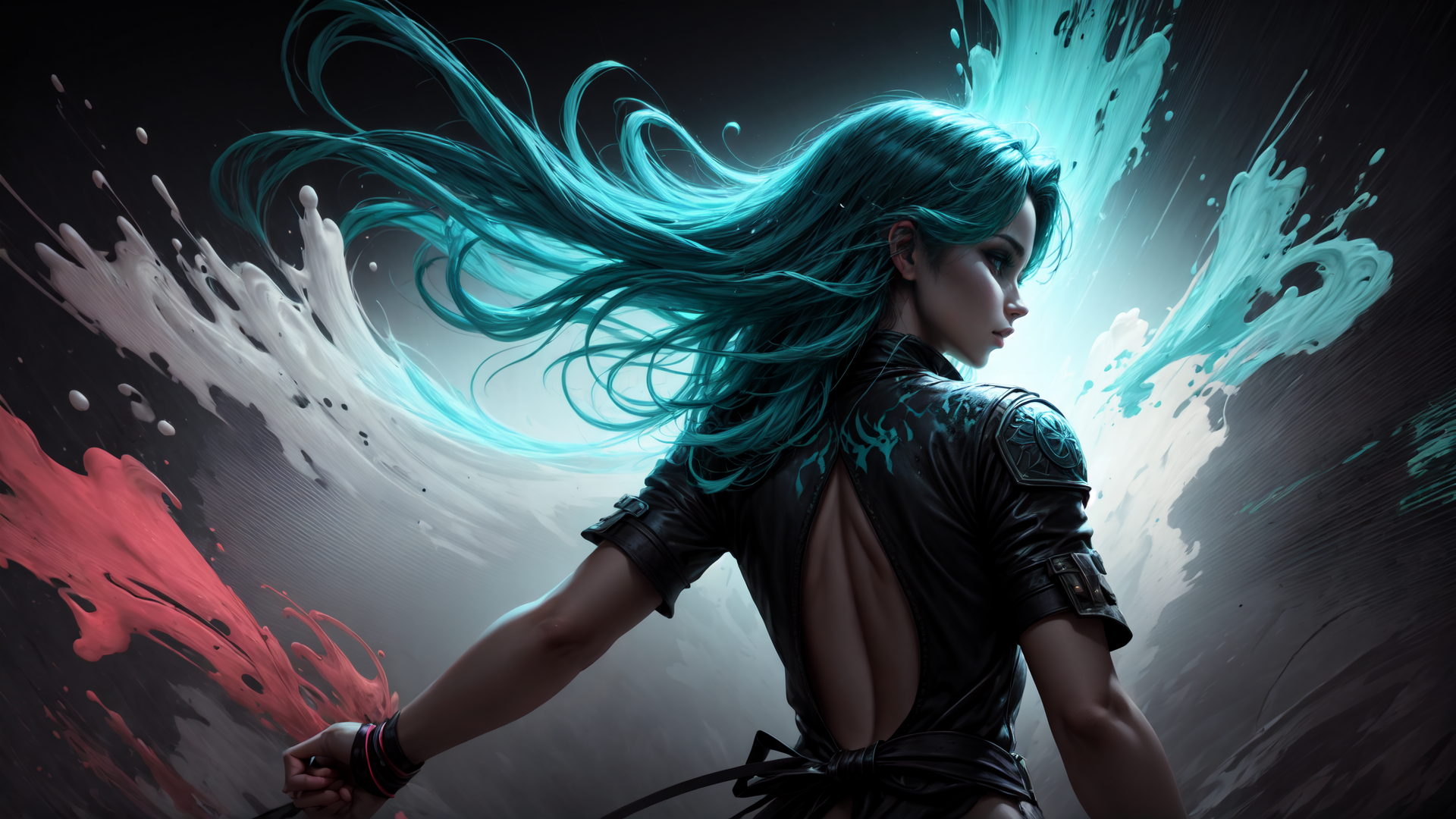AI generated wallpaper featuring woman, hair, swordsman, leather, ink