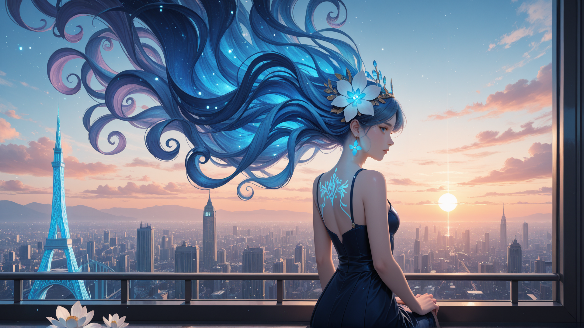 AI generated wallpaper featuring woman, hair, cityscape, sun, lotus, Eiffel Tower, dress, fashion, skyline, sunrise