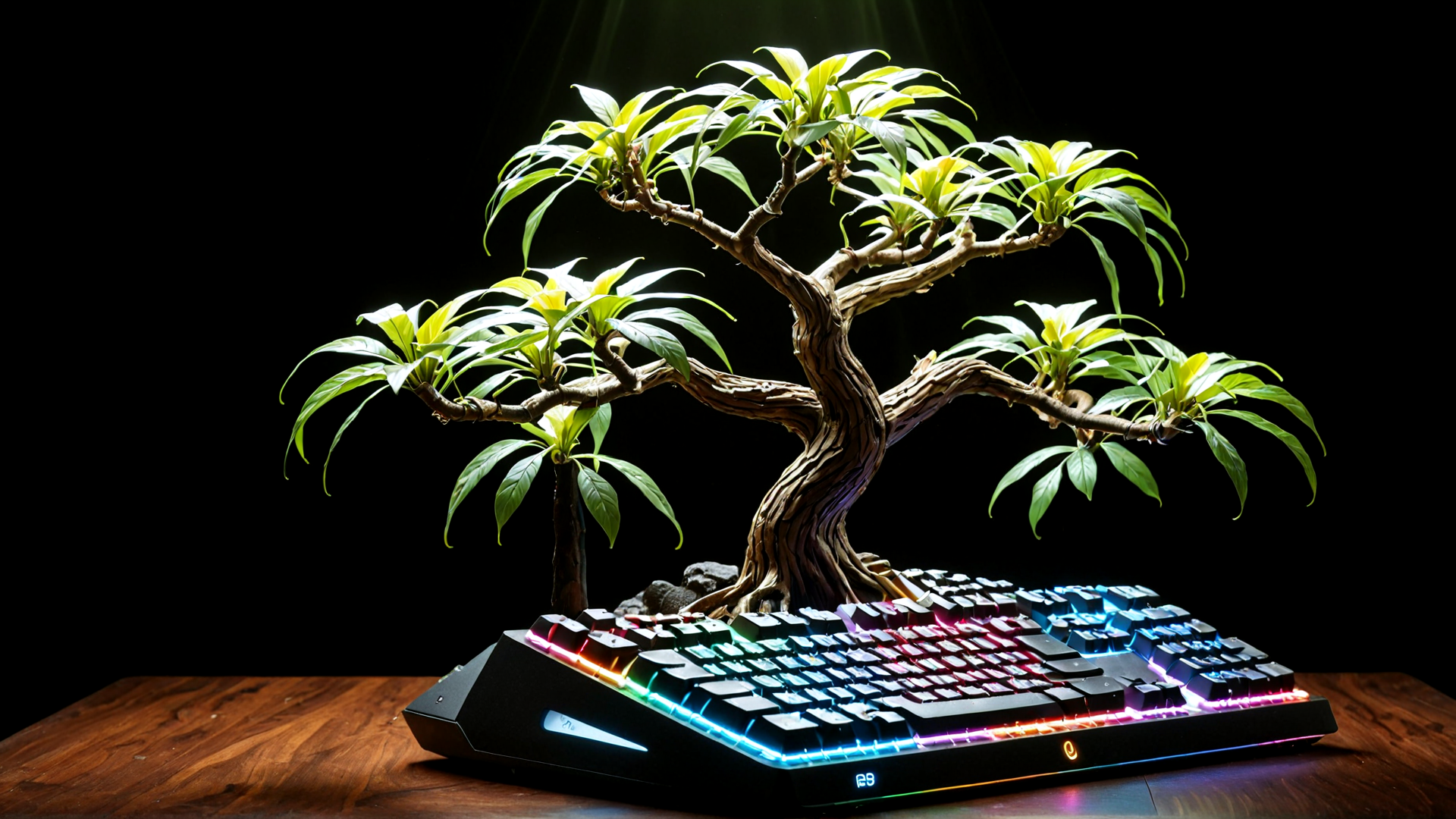 AI generated wallpaper featuring bonsai, keyboard, tree, lighting, gaming