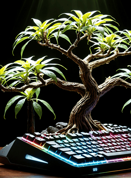 bonsai, keyboard, tree, lighting, gaming