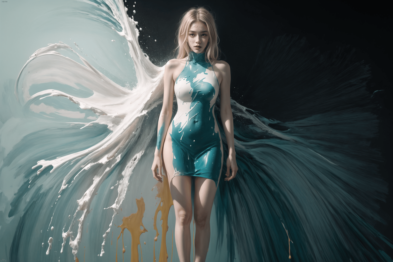 AI generated wallpaper featuring woman, liquid, silk