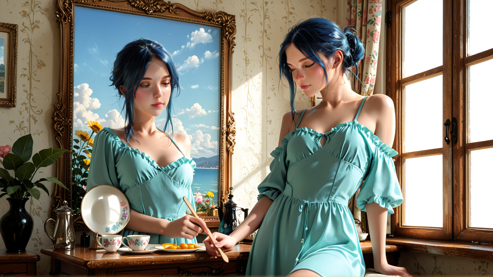 AI generated wallpaper featuring woman, mirror, dress, teacup, fruit, window, vase, painting, curtain, sun