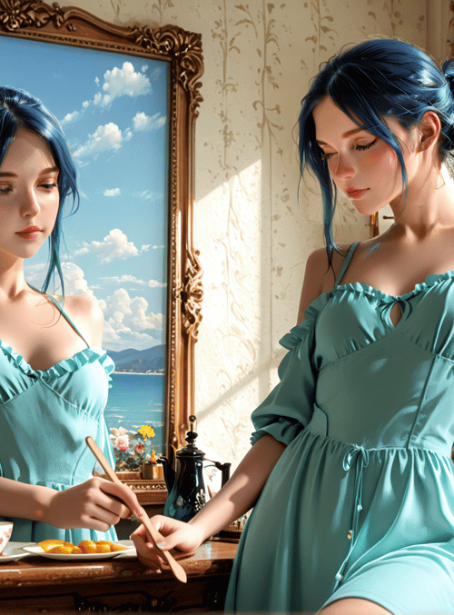 woman, mirror, dress, teacup, fruit, window, vase, painting, curtain, sun