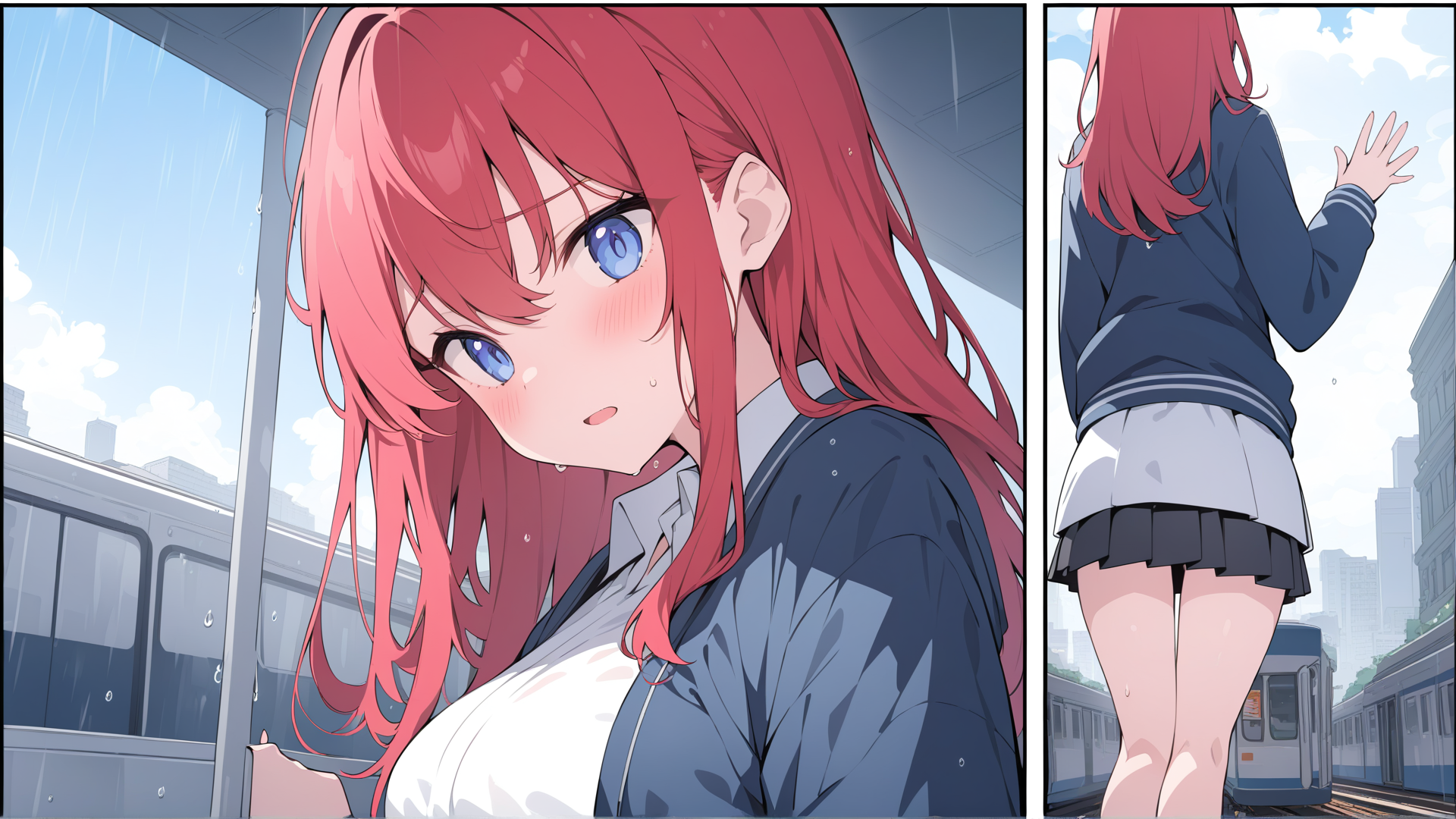 AI generated wallpaper featuring girl, school uniform, train
