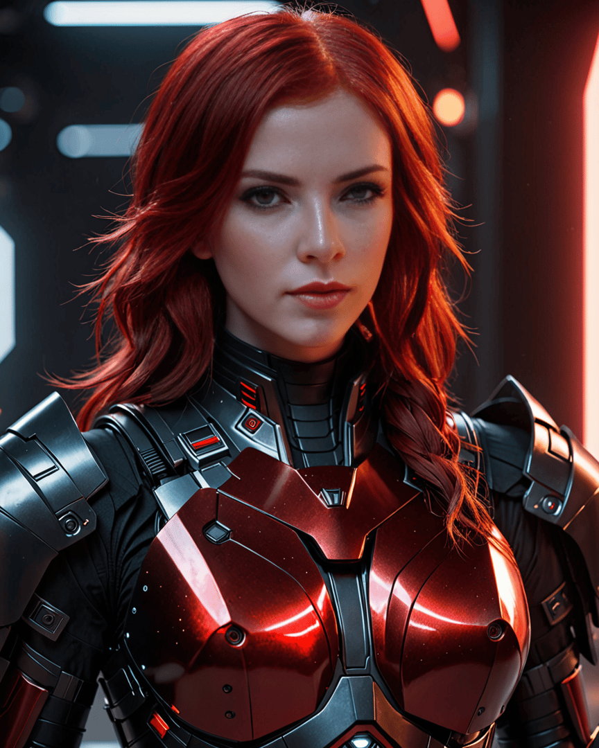 AI generated wallpaper featuring woman, armor, red hair