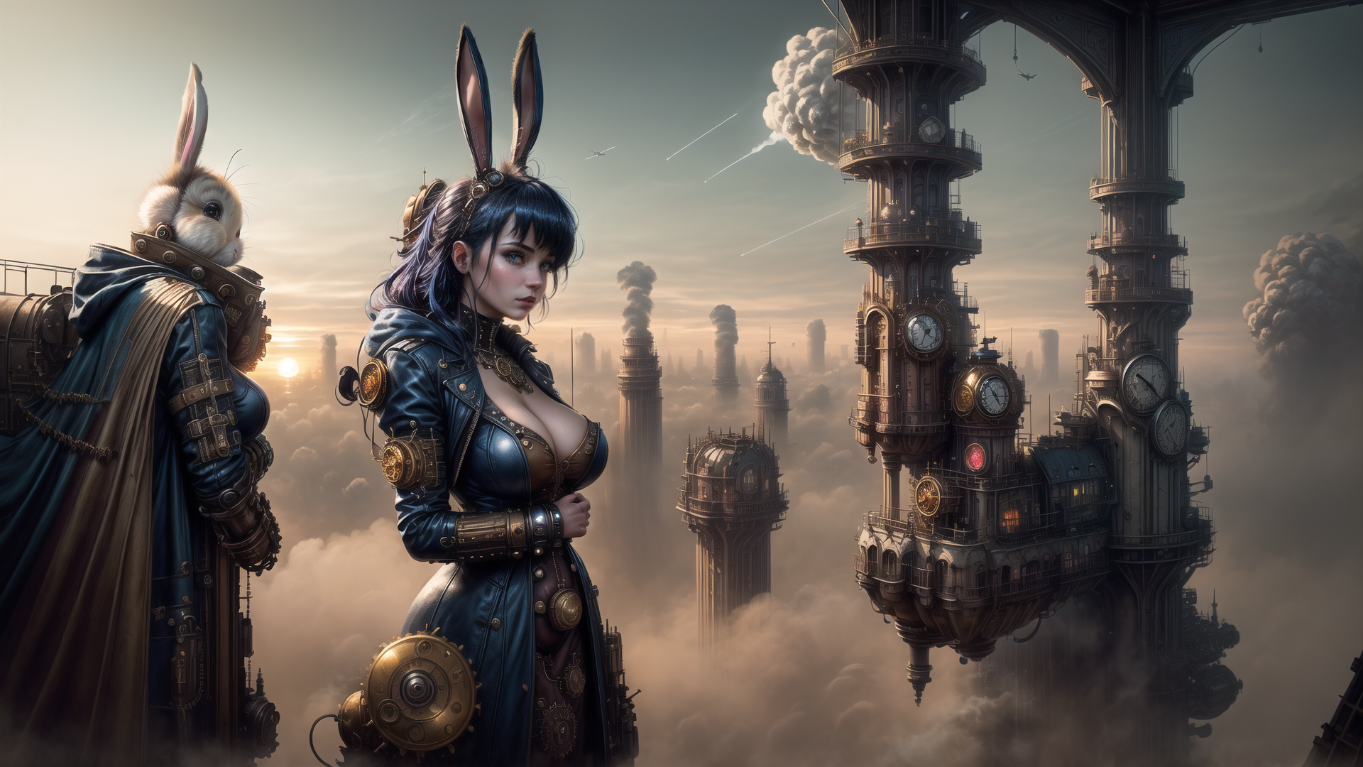 AI generated wallpaper featuring rabbit, woman, steampunk, city, clocks