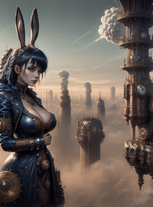 rabbit, woman, steampunk, city, clocks