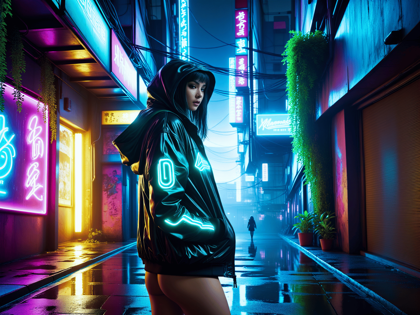 AI generated wallpaper featuring person, neon, alley