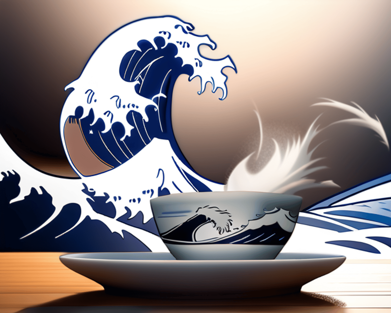 AI generated wallpaper featuring wave, cup, plate