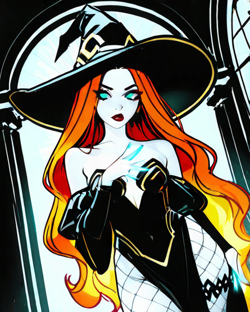 AI generated wallpaper featuring witch, woman, hat, hair, gloves, dress, netting, fire, light, glow