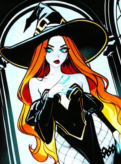 witch, woman, hat, hair, gloves, dress, netting, fire, light, glow