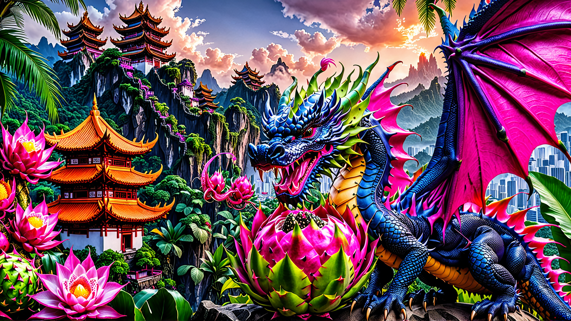 AI generated wallpaper featuring dragon, lotus, pagoda