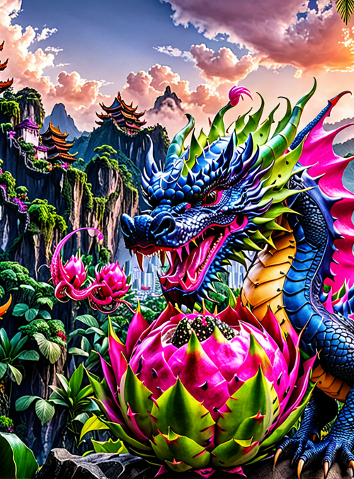 dragon, lotus, pagoda
