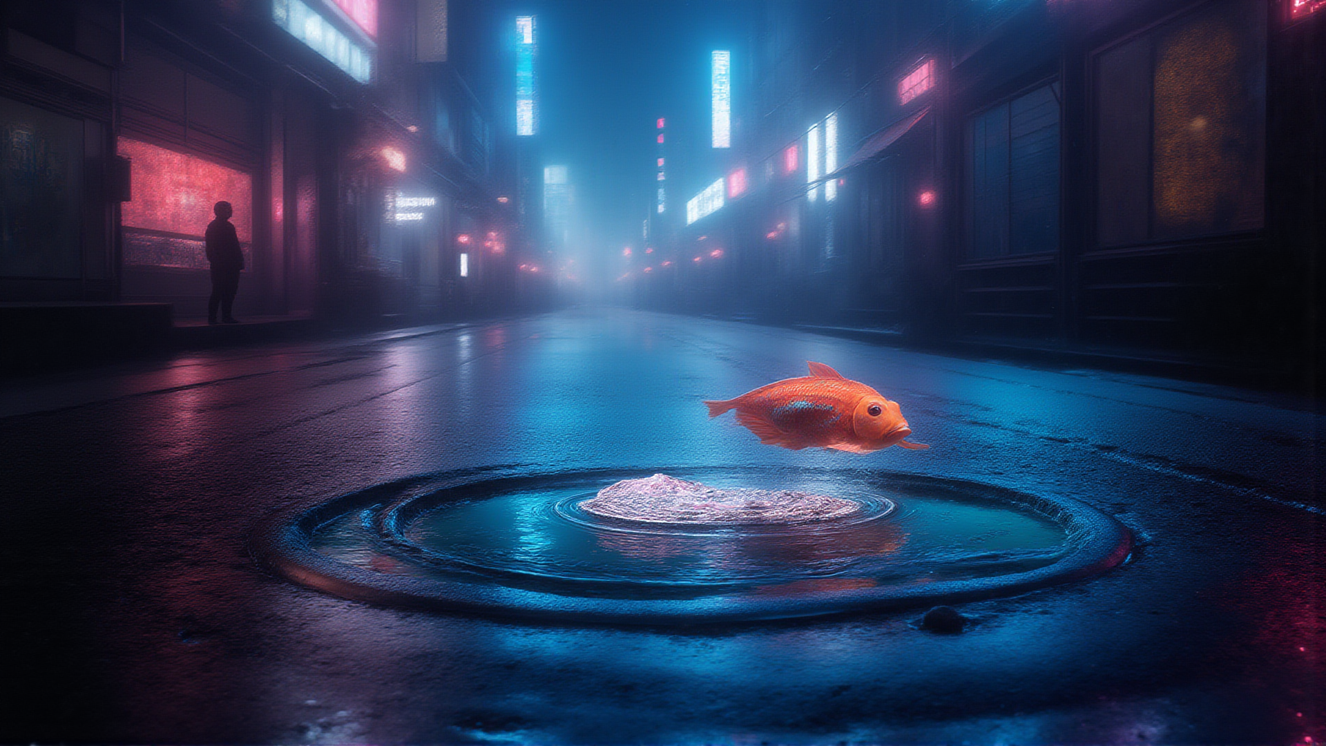 AI generated wallpaper featuring fish, street, man, neon, manhole, city