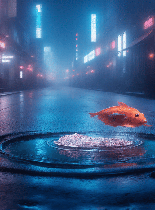 fish, street, man, neon, manhole, city
