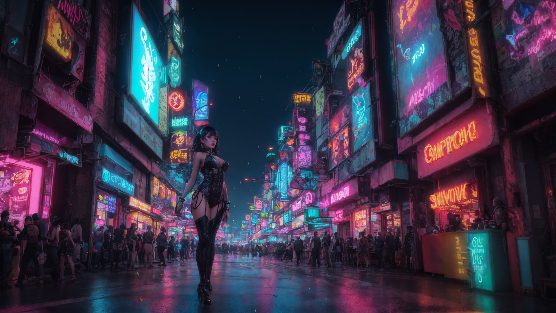 AI generated wallpaper featuring woman, neon, street