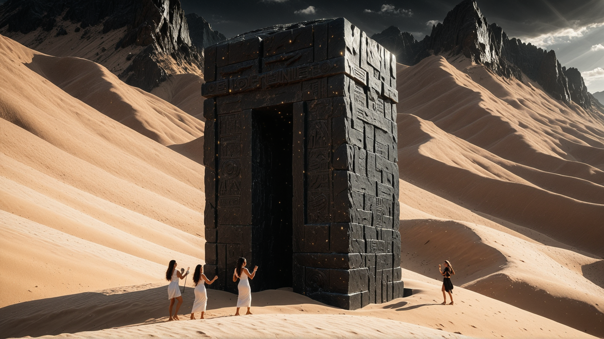 AI generated wallpaper featuring ancient structure, sand dunes, people, mountains, doorway