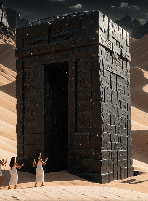 ancient structure, sand dunes, people, mountains, doorway