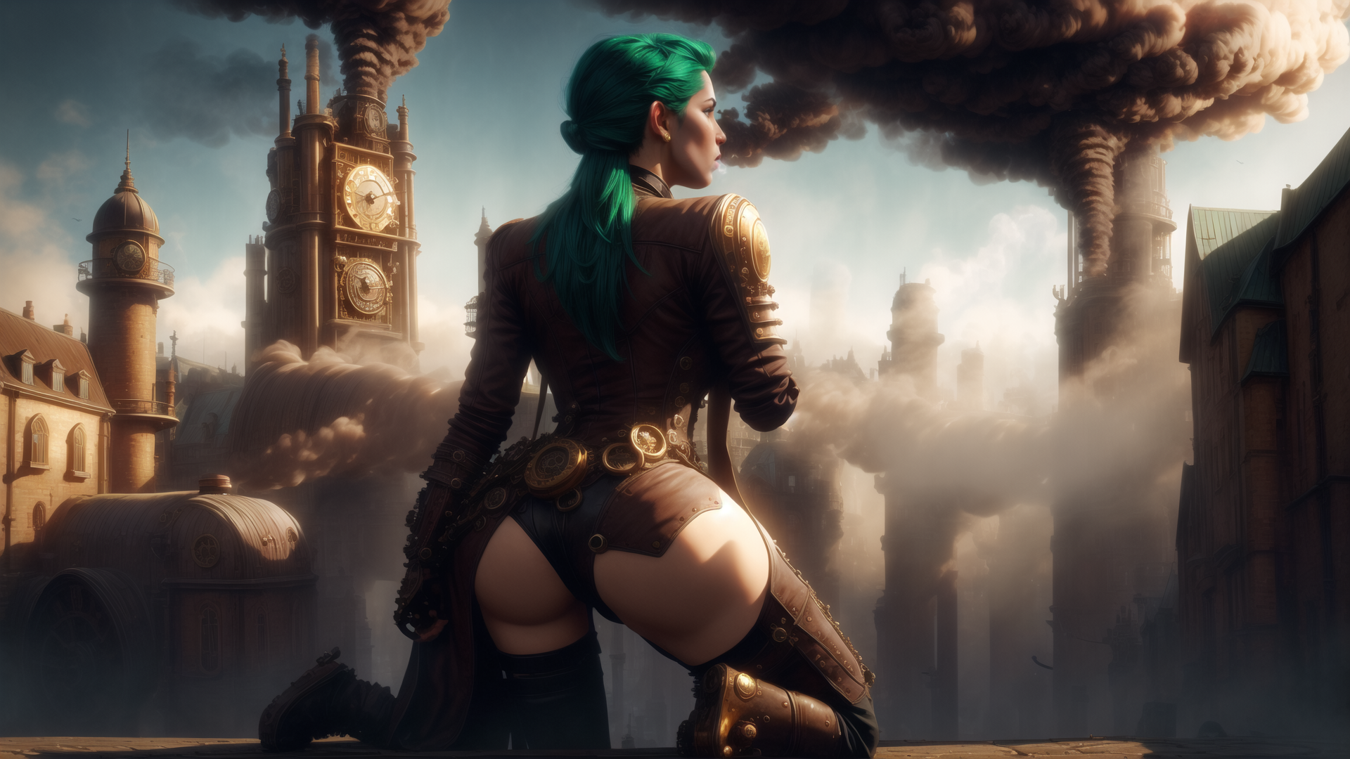 AI generated wallpaper featuring woman, steampunk, city