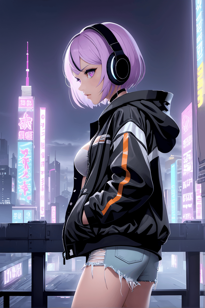 AI generated wallpaper featuring anime girl, headphones, cityscape, neon signs, shorts, jacket, urban, cyberpunk, girl, headset