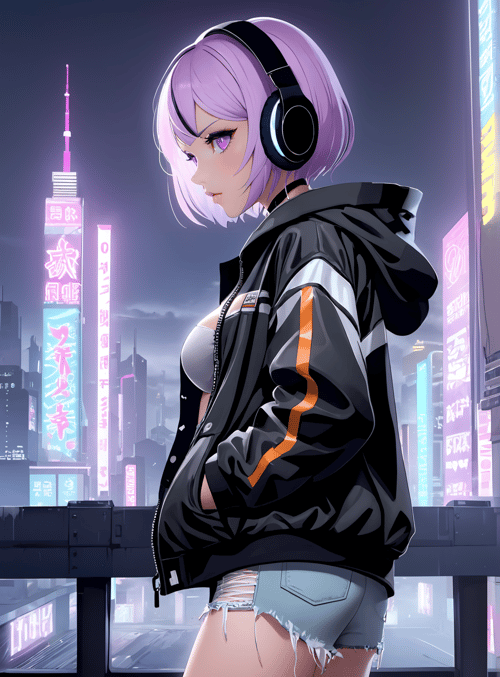 anime girl, headphones, cityscape, neon signs, shorts, jacket, urban, cyberpunk, girl, headset