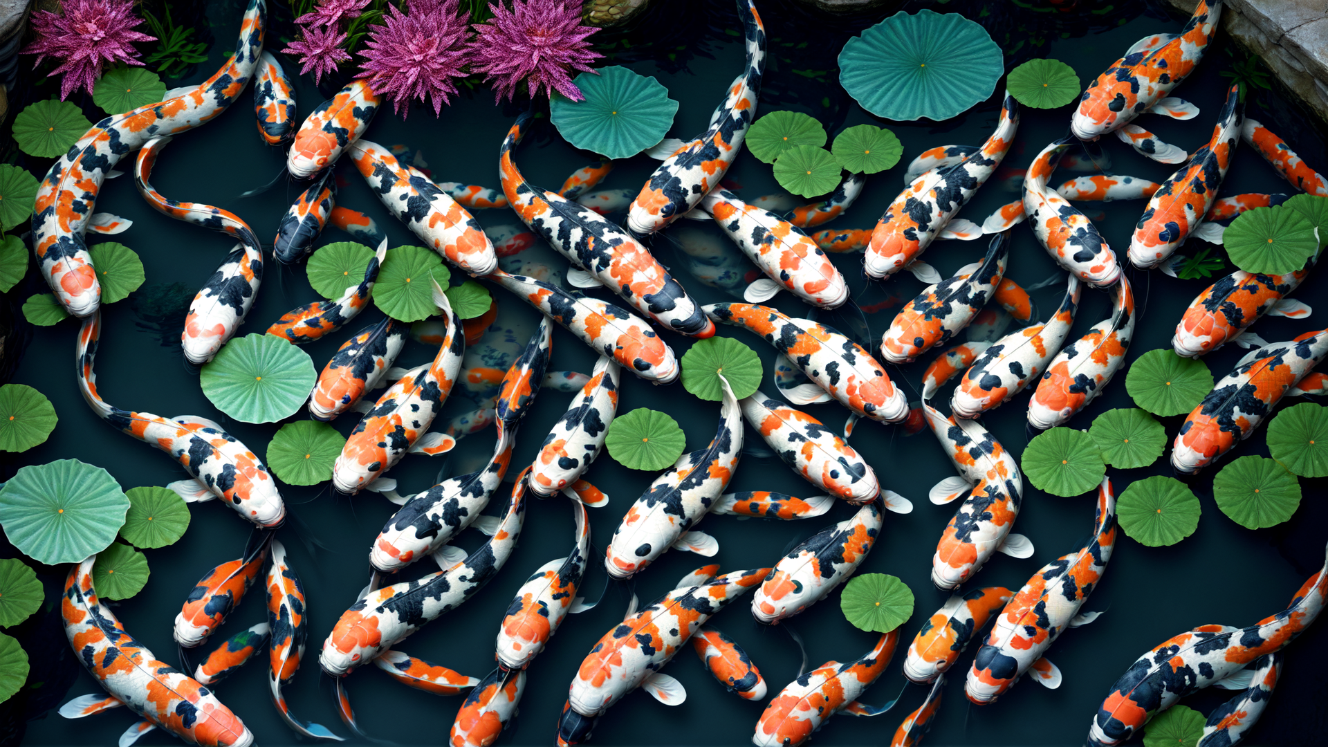 AI generated wallpaper featuring koi, fish, lotus, pond, water