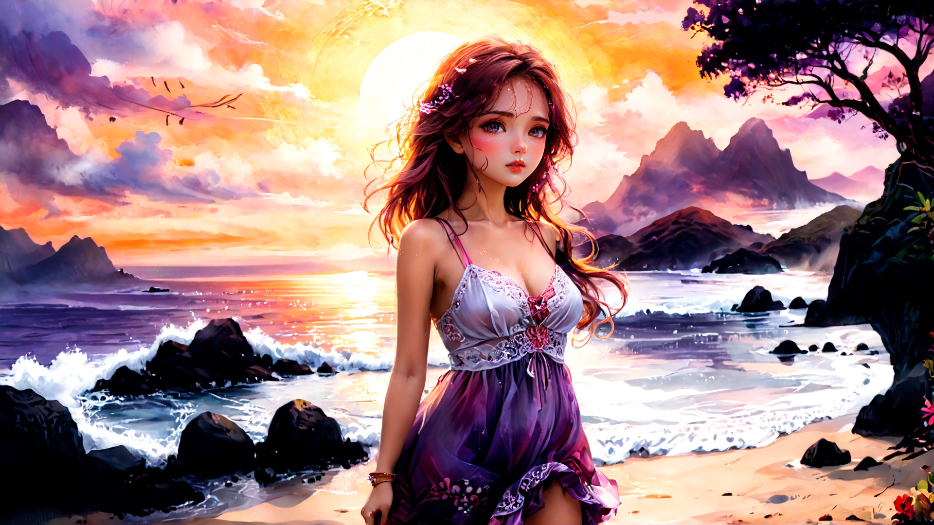 AI generated wallpaper featuring woman, beach, sunset