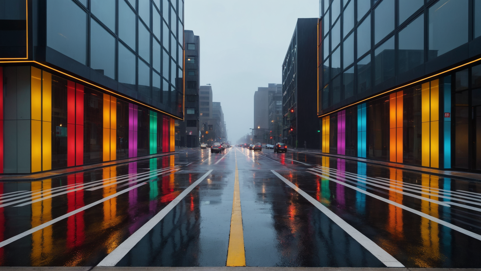 AI generated wallpaper featuring street, buildings, cars, windows, road, traffic lights, reflections, cityscape, rain, neon