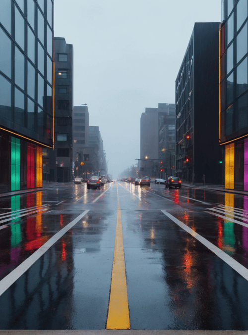 street, buildings, cars, windows, road, traffic lights, reflections, cityscape, rain, neon