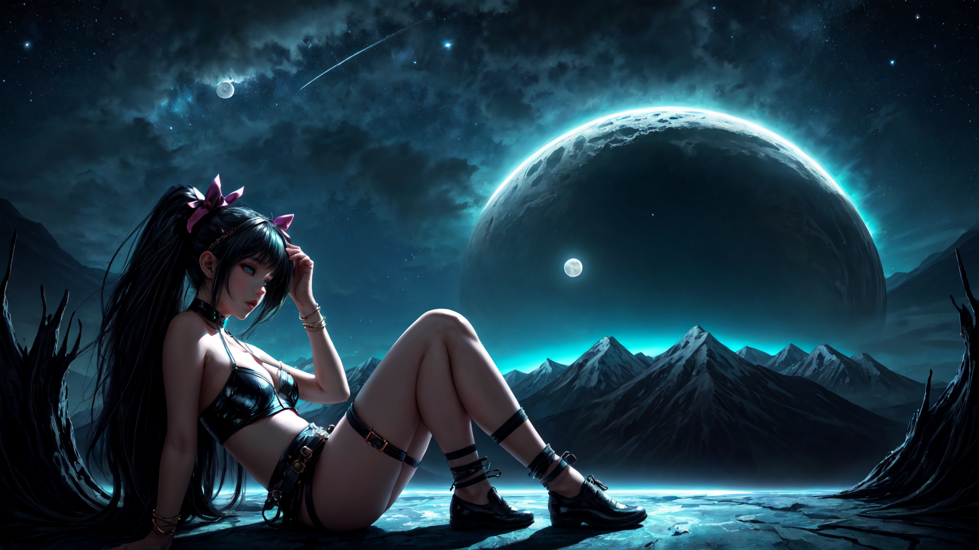 AI generated wallpaper featuring girl, planet, mountains, moon, stars