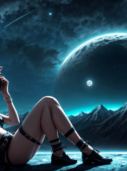 girl, planet, mountains, moon, stars