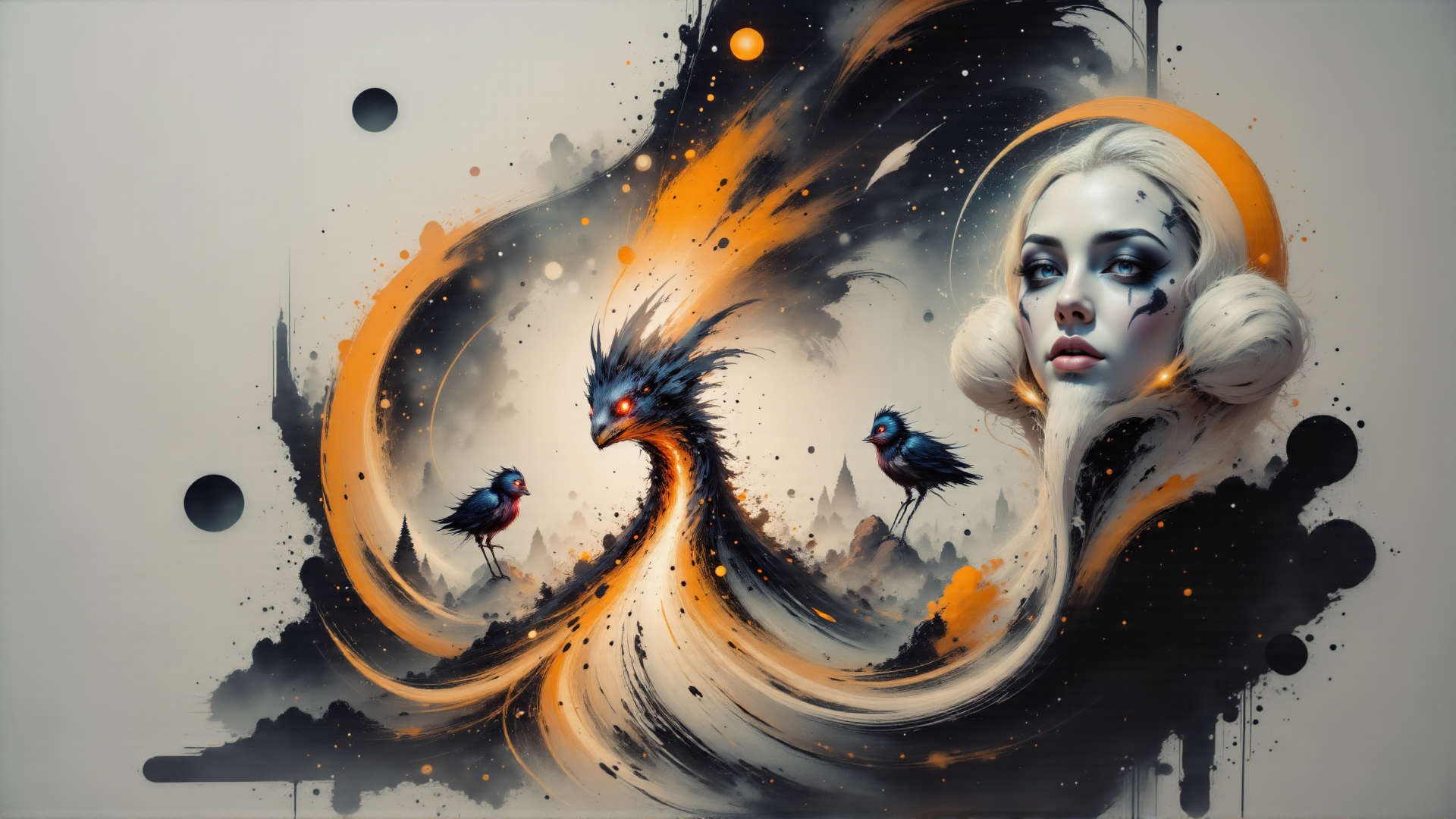 AI generated wallpaper featuring woman, bird, dragon, sunset